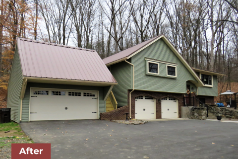 Front exterior of green house and garage after remodel.