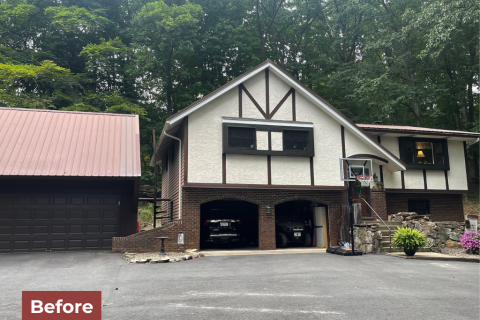 White and brown house with garage before remodel